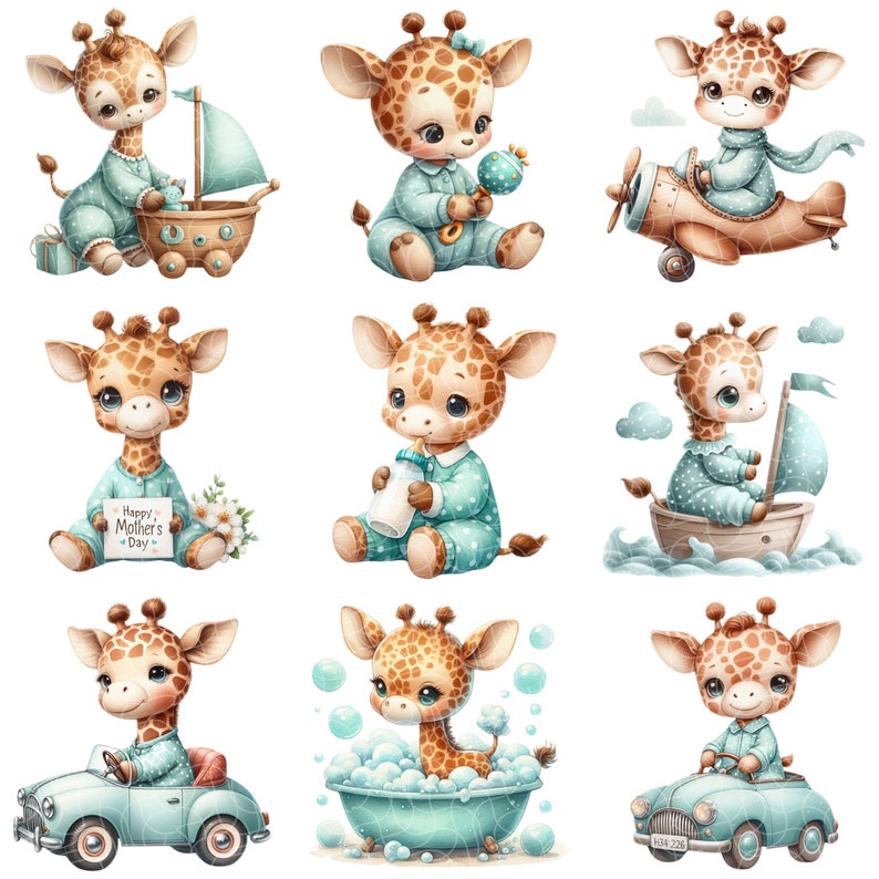 Pu&ograve; includere: Nove illustrazioni di adorabili cuccioli di giraffa in varie attivit&agrave;. Le giraffe indossano pigiami blu con pois bianchi. Stanno giocando con i giocattoli, guidando un'auto, facendo il bagno e navigando in barca. Le illustrazioni sono realizzate in stile acquerello.