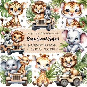 Clipart de safari dulce en acuarela, clipart de safari, animales de la selva PNG, safari PNG, clipart de guardería, clipart de cumpleaños, descarga digital instantánea