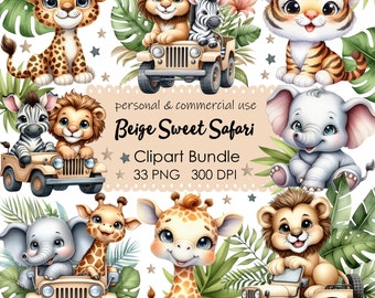 Akwarela słodkie Safari Clipart, Safari Clipart, Zwierzęta dżungli Png, Safari PNG, Clipart dla przedszkola, Clipart urodzinowy, Natychmiastowe pobieranie cyfrowe