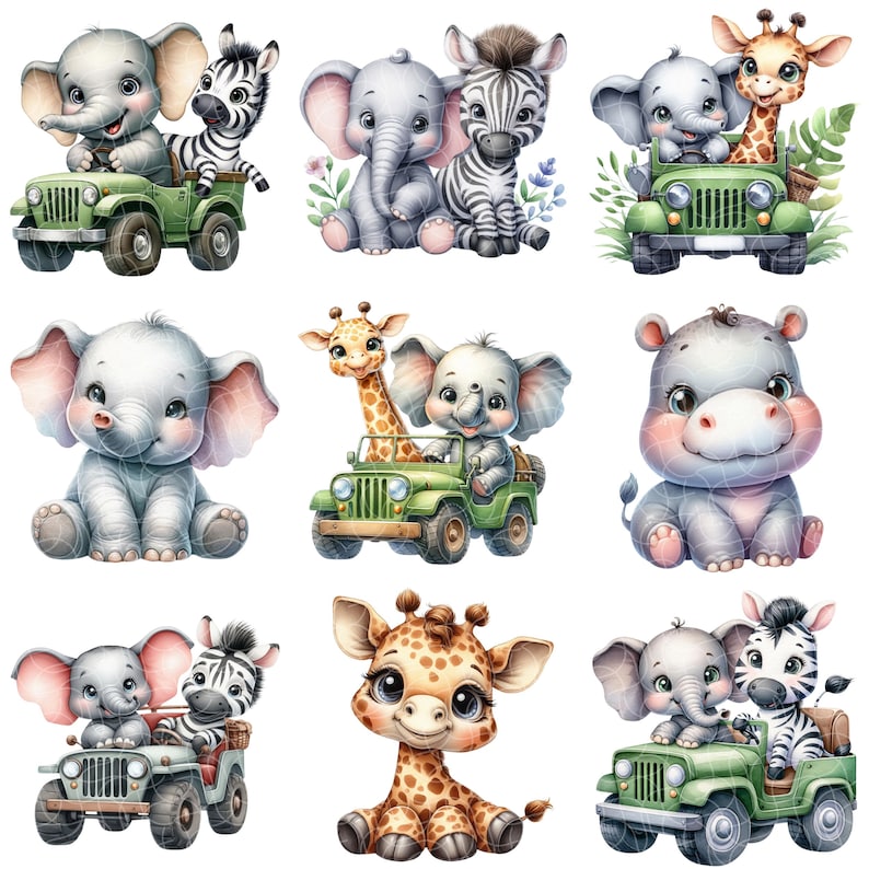 Puede incluir: Nueve ilustraciones digitales de animales de dibujos animados lindos, que incluyen un elefante, una cebra, una jirafa y un hipop&oacute;tamo. Los animales se representan en varias poses, algunos conduciendo un jeep, algunos sentados y algunos de pie. Las ilustraciones est&aacute;n hechas en un estilo de acuarela y tienen un toque caprichoso.