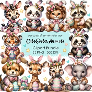 Schattig Pasen dieren clipart PNG bundel, Giraffe Lion Tiger Zebra Panda olifant kwekerij aquarel commercieel gebruik, digitale Instant Download
