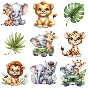 Puede incluir: Una ilustraci&oacute;n digital de animales de dibujos animados lindos en un entorno de jungla. Los animales incluyen un le&oacute;n, un elefante, una jirafa, una cebra y un leopardo. La ilustraci&oacute;n es perfecta para libros infantiles, ropa u otros productos.
