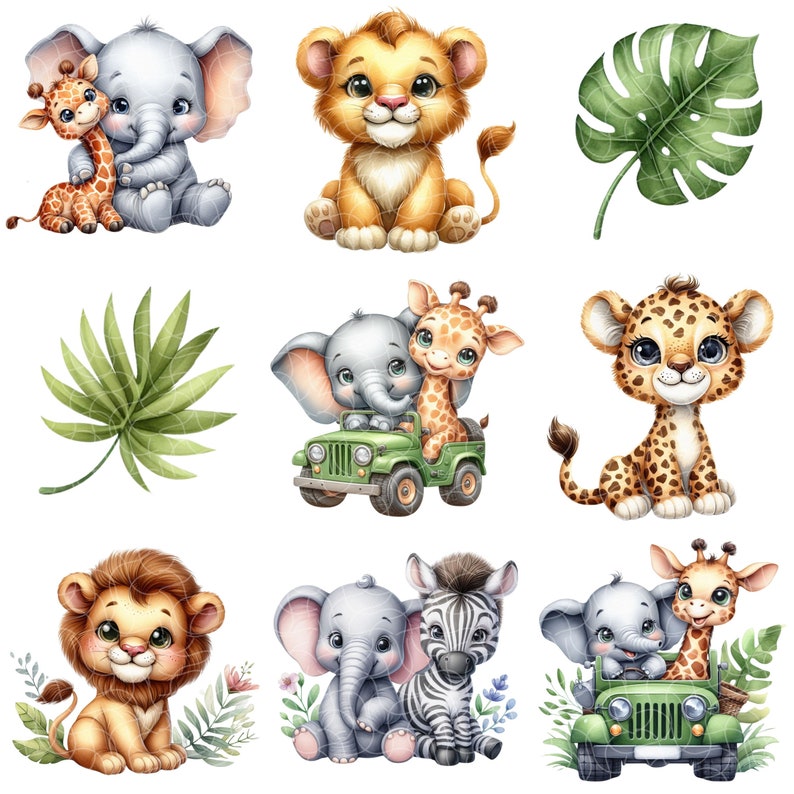 Puede incluir: Una ilustraci&oacute;n digital de animales de dibujos animados lindos en un entorno de jungla. Los animales incluyen un le&oacute;n, un elefante, una jirafa, una cebra y un leopardo. La ilustraci&oacute;n es perfecta para libros infantiles, ropa u otros productos.