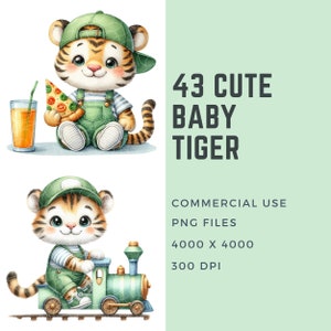 May include: A set of 43 digital illustrations of cute baby tigers wearing different outfits and in various poses. The illustrations are in PNG format, 4000 x 4000 pixels, 300 DPI, and are for commercial use.