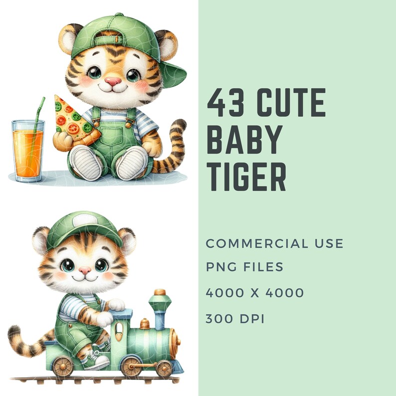 May include: A set of 43 digital illustrations of cute baby tigers wearing different outfits and in various poses. The illustrations are in PNG format, 4000 x 4000 pixels, 300 DPI, and are for commercial use.