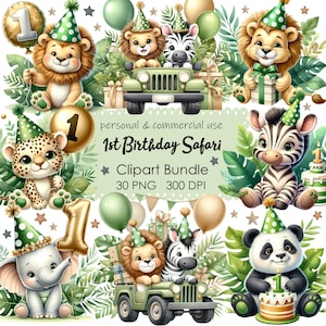 Clipart de safari para primer cumpleaños, clipart de safari, animales de la selva (Png), león, cebra, elefante (Png), clipart de guardería, clipart de cumpleaños