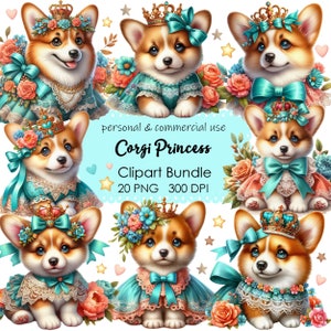Niedliche Corgis Clipart, Hund Clip Art, 20 PNG süße Welpen Prinzessin, Muttertag Digital Download, Kartenherstellung, Sublimation, Geburtstag Clipart