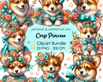 Cute Corgi Clipart, Dog Clip Art, 20 PNG Cute Puppy Princess, Mother's Day Digital Download, Card Making, Sublimation, Birthday Clipart