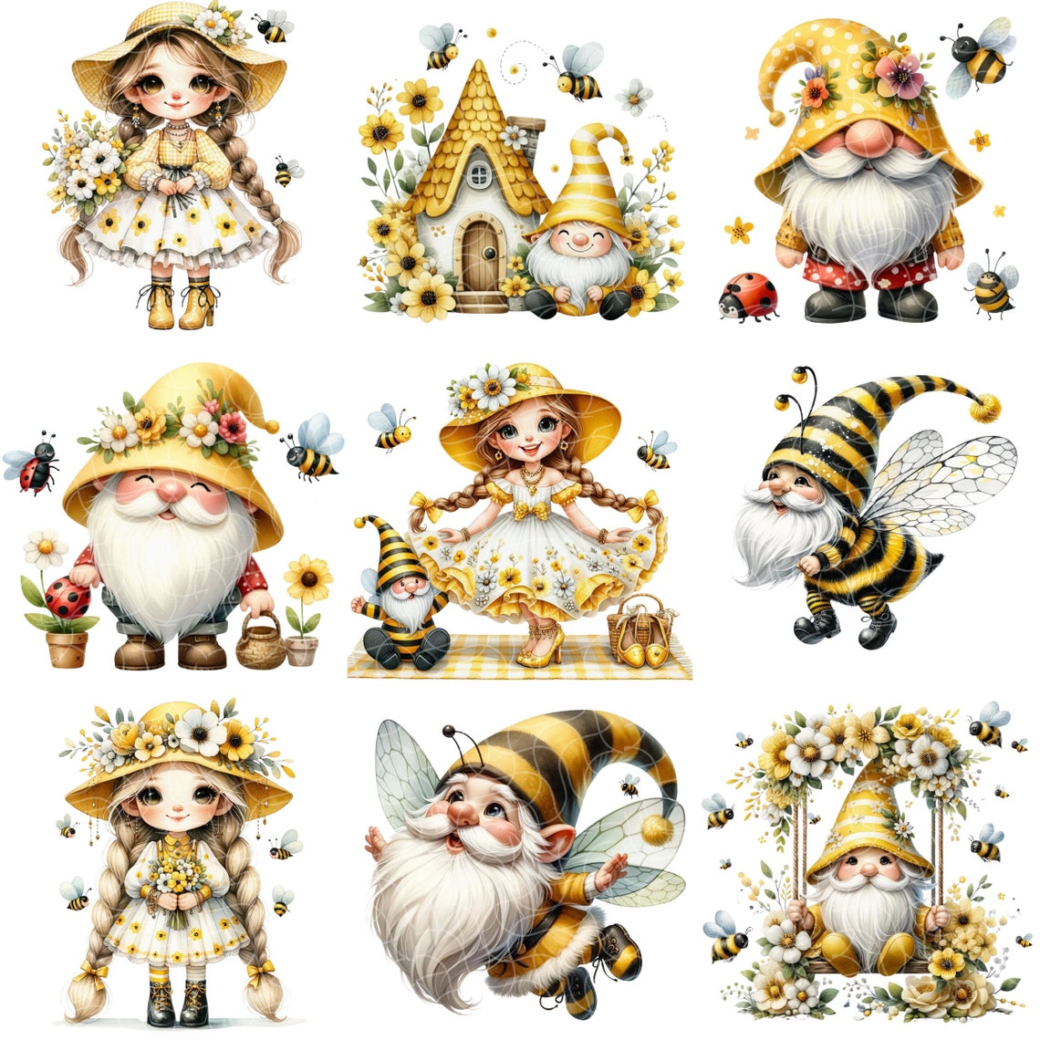Watercolor Flower Bee Gnome Clipart Bundle: Spring Garden PNG (digital ...