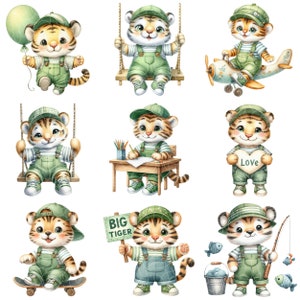 May include: Nine watercolor illustrations of cute cartoon tigers wearing green overalls and baseball caps. The tigers are engaged in various activities, including swinging on a swing, playing with a toy airplane, drawing at a desk, holding a heart that says "Love", skateboarding, holding a sign that says "Big Tiger", and fishing.