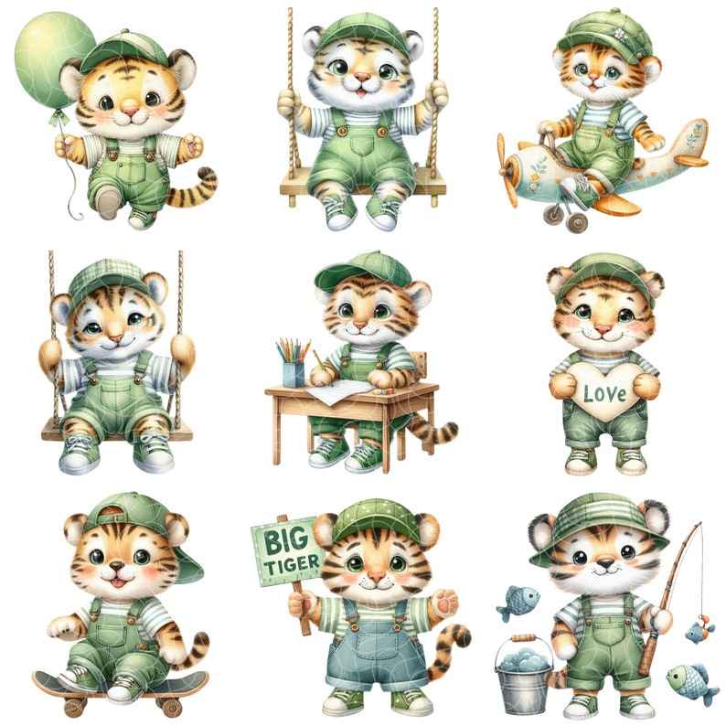 May include: Nine watercolor illustrations of cute cartoon tigers wearing green overalls and baseball caps. The tigers are engaged in various activities, including swinging on a swing, playing with a toy airplane, drawing at a desk, holding a heart that says "Love", skateboarding, holding a sign that says "Big Tiger", and fishing.