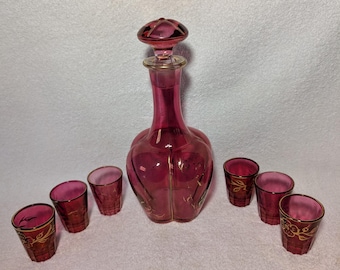 MCM Gold Cranberry Red Bohemian Glass Decanter Set w/6 shot glasses Barware