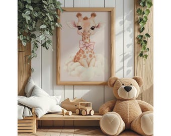 Giraffa in una nuvola, decorazione rosa per la cameretta delle bambine, arte animale stravagante, poster giraffa per la cameretta dei bambini, arte per la sala giochi, decorazione rosa per la cameretta delle bambine Coquette