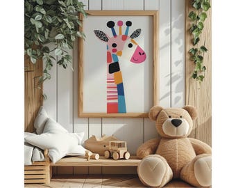 Pink Geometric Giraffe Art Print, Pink Girls Room Decor, Whimsical Animal Art, Nursery Giraffe Poster, Playroom Art, Minimalist Giraffe Art