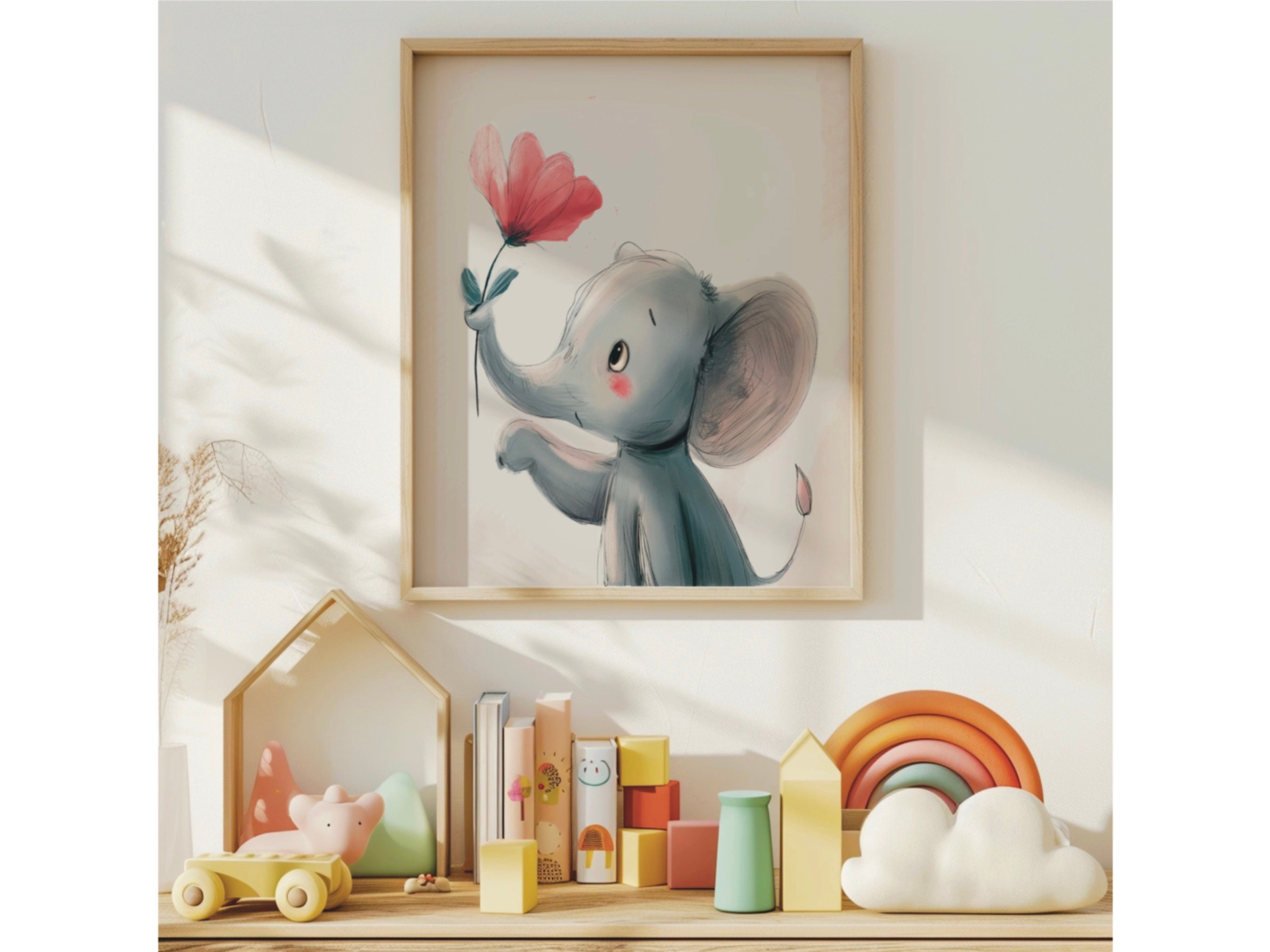 Baby Elephant Holding Pink Flower Wall Art, Baby Elephant Nursery ...