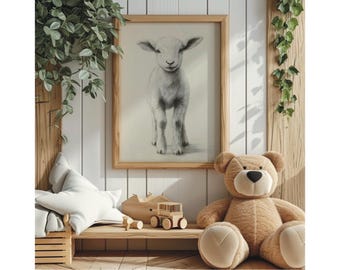 Impresión artística de boceto de cordero bebé, impresión de cordero para guardería, póster de cordero para habitación de bebé, boceto vintage de animal de granja, arte retro de animales, arte minimalista para guardería