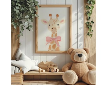 Stampa giraffa con fiocco, decorazione rosa per la cameretta delle bambine, arte animale stravagante, poster giraffa per la cameretta dei bambini, arte per la sala giochi, decorazione rosa per la cameretta delle bambine Coquette