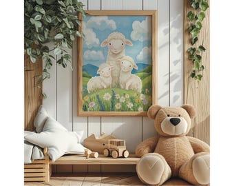 Lámina de arte familiar de corderos, lámina de guardería de corderos, arte de pared imprimible de guardería de estilo vintage, decoración de cuentos de hadas cottagecore, lindo arte de guardería de corderitos