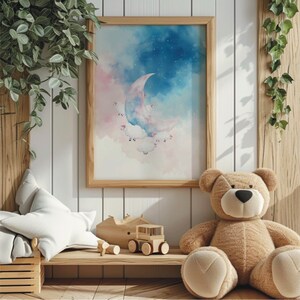 Watercolor Sparkle Counting Sheep Wall Art, Farm Animal Nursery Decor, Baby Sheep Wall Art,  Counting Sheep,Sheep Jumping Moon and Stars Art