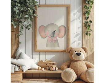 Baby Elephant With Bow Print, Pink Girls Room Decor,Whimsical Animal Art,Nursery Elephant Poster,Playroom Art,Coquette Pink Girls Room Decor