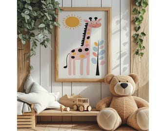 Pink Baby Giraffe Illustration, Pink Girls Room Decor, Whimsical Animal Art, Nursery Giraffe Poster, Playroom Art, Minimalist Giraffe Art