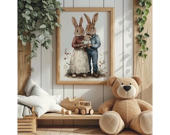 Vintage Traditional Rabbit Family Art Print, Vintage Nursery Print, Bunny Family Art, Cute Antique Nursery Decor,Farmhouse Rabbit Family Art