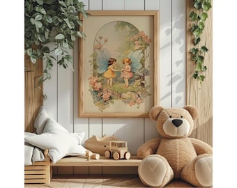 Vintage Fee Wand Kunst, Märchenbuch Illustration, Pastell Fairycore Druck, Cottagecore Kinderzimmer Dekor, Zauberhafte Gartenästhetik