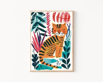 Cartoon Tijger in de Jungle Art Print, Baby Tiger Wall Art, Kinderkamer Kunst aan de muur, Jungle Wall Art Print, Safari Thema Kinderkunst, Wilde Kat Poster