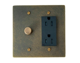 Brass Rotary Dimmer and Outlet Plug with Anqtiqu Brass Plate - Elegant Lighting Control Wall Plate