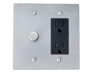 Silver Rotary Dimmer and Outlet Plug with Stainless Steel Plate - Elegant Lighting Control Wall Plate