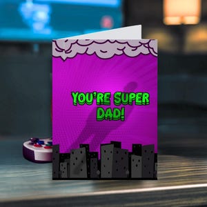 Druckbare Vatertagskarte: Superheld Papa | Comic-Stil | 4x6 | Lila | Sofort Download