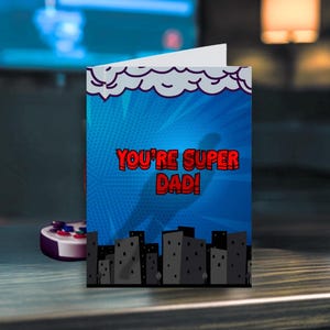 Druckbare Vatertagskarte: Superheld Papa | Comic-Stil | 4x6 | Blau | Sofort Download