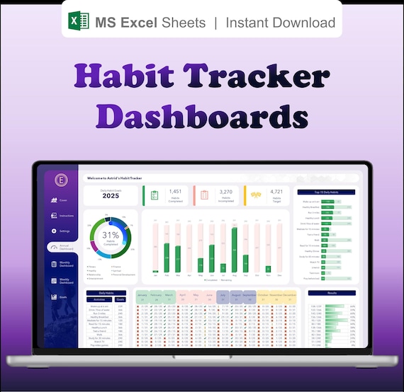 Habit Tracker Spreadsheet: Daily, Weekly, Monthly Goals (MS Excel Template)