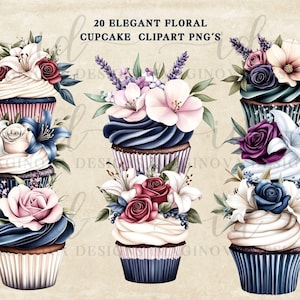 Elegantes Blumen Aquarell Cupcake Clipart Bundle für Einladungen, Dekor, Memory Bücher, Junk Jornal, Scrapbooks, Planer und Sticker.
