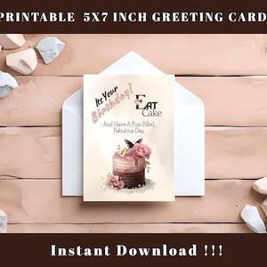 Cartão de aniversário para impressão com bolo de aniversário floral com peônias e borboletas 5 x 7 polegadas Cartão de felicitações DOWNLOAD DIGITAL