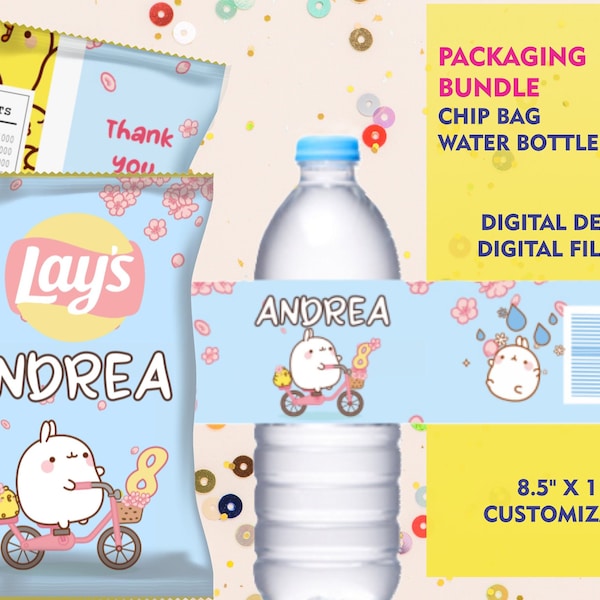 Molang Party, Chip bag and water bottle label, Molang and PiuPiu, customizable labels, Molang party, digital file download, printable kawaii