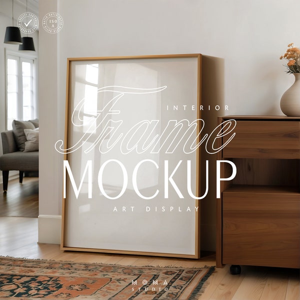 Din A4 Wood Frame Mockup Psd Template For Art And Print, 8x12 Frame Mockup Leaning Wall On Parquet Floor With Daylight Reflection, Mockup