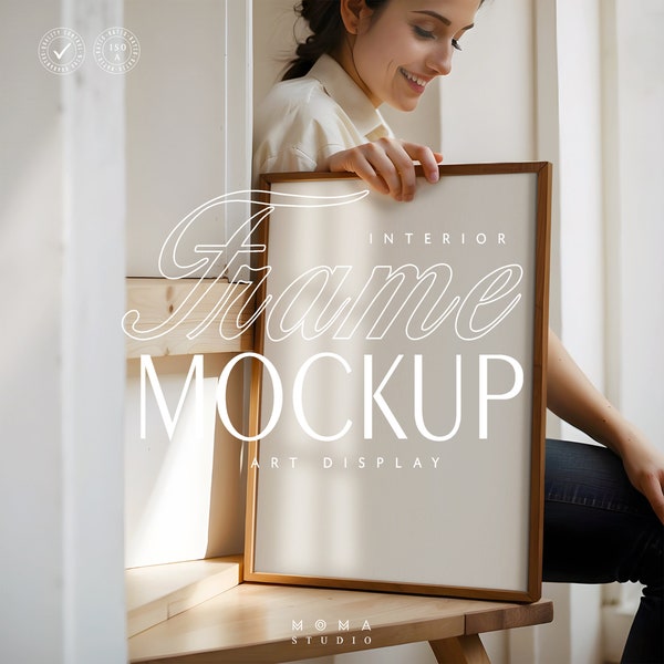 Din A Vertical Wood Frame Mockup Psd Template Resting On White Wall With Person, 8x12  Frame Mockup With Daylight Reflection, Simple Mockup