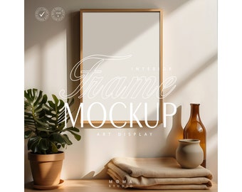 Din A4 Vertical Wood Frame Mockup Psd Template Leaning  White Wall, 8x12  Frame Mockup Art Display With Sunlight Reflection, Mock up For Art