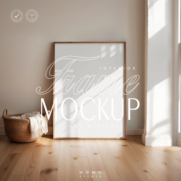 Din A4 Wood Frame Mockup Psd Template in Living Room, 8x12 Frame Mockup Leaning Wall On Parquet Floor With Daylight Reflection, Mockup
