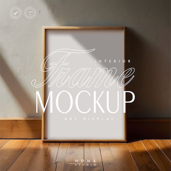 Din A4 Vertical Wood Frame Mockup Psd Template Leaning  White Wall, 8x12  Frame Mockup Art Display With Sunlight Reflection, Mock up For Art
