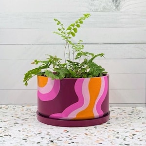 May include: A decorative plant pot with a fern. The pot is a deep magenta color with a wavy design in shades of pink and orange. The pot includes a matching saucer.