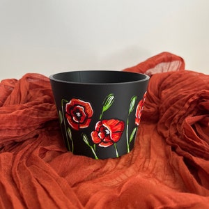 Hand-Painted Poppy Planter: Colorful Floral Design, 4 Inch Pot