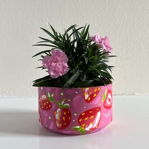 Shallow Plant Pot | 4 Inch Planter | Artsy Plant Pot Hand Painted | Draining Planter | Pink Strawberries Design | Cute Plant Pot