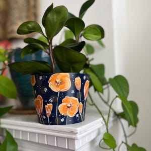 California Poppies | 5 Inch Planter | Hand-Painted Design | Floral Design | Navy and Orange Draining Flower Pot | Orange Poppies Gift