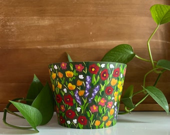 Hand-Painted Floral Plant Pot: Maximalist Colorful Decor, 4 Inch