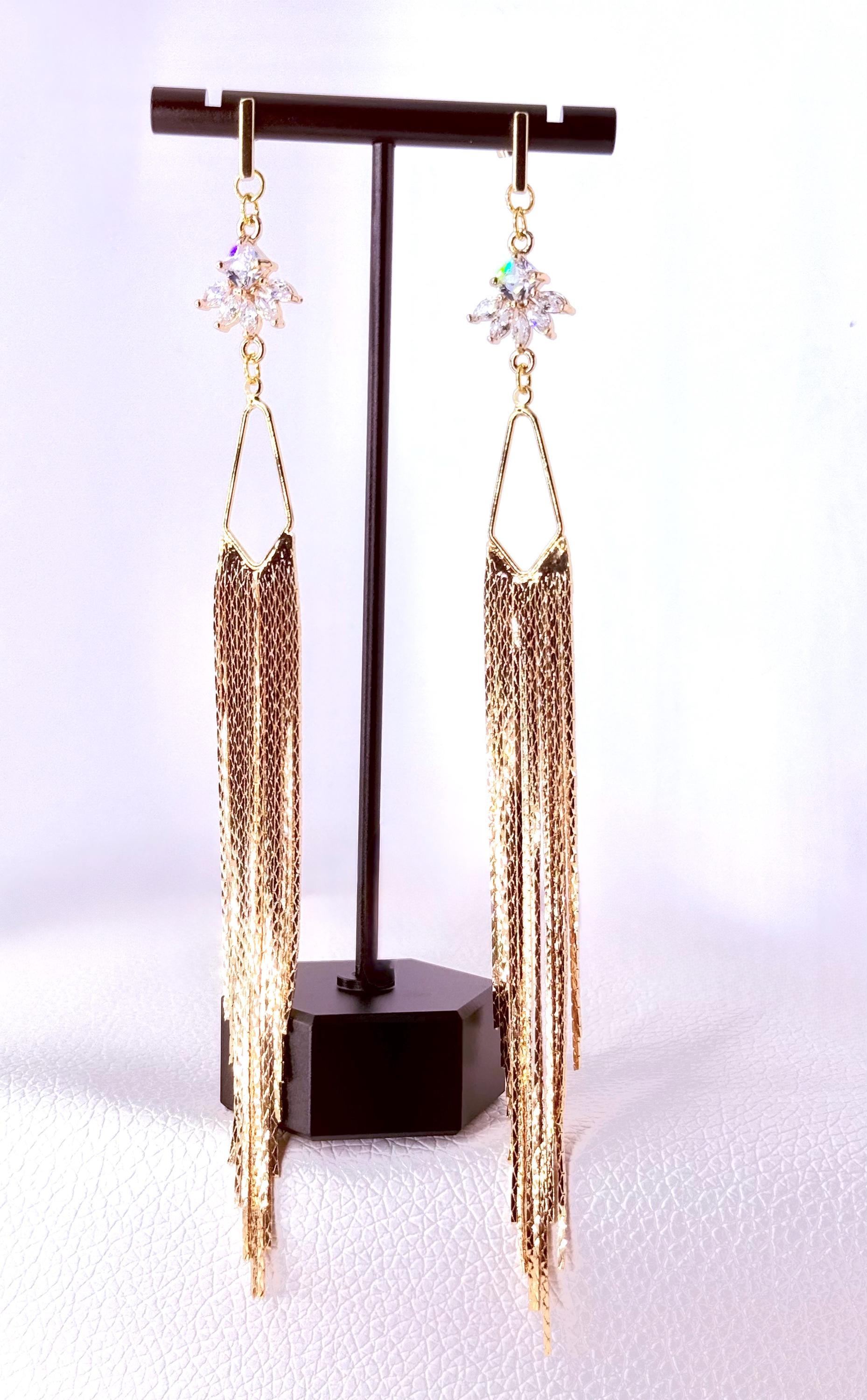 Golden Retro Glam Gold Zirconia Tassel Earrings – Bold, Fun, & Unapologetically Chic - Bridesmaid Valentine's Day Anniversary Wedding Gift
