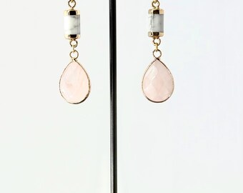 Elegant Rose Quartz and Howlite Teardrop Earrings – Embrace Love & Serenity - Bridesmaid Valentine&#39;s Day Anniversary Wedding Gift