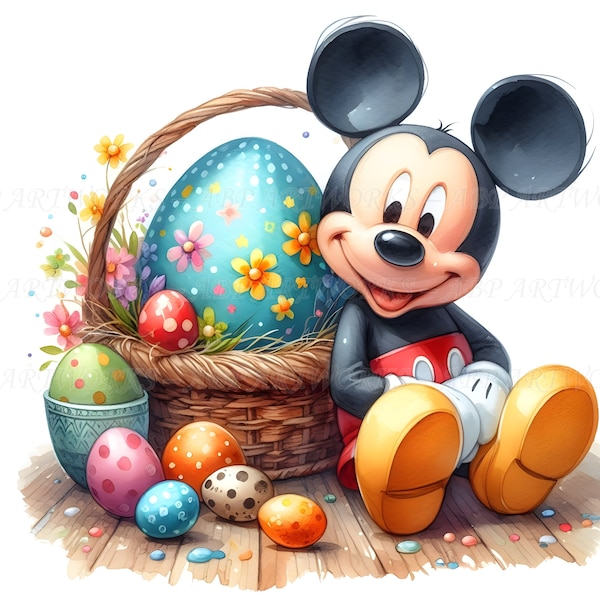 16 Imágenes prediseñadas de huevo de pascua, pascua clipart, mickey mouse Easter, descarga digital, arte imprimible, diario basura, acuarela