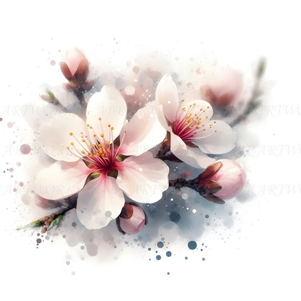 Almond Blossom Clipart, clipart fleur d’amandier, 16 JPG haute résolution, téléchargement numérique, art botanique, aquarelle